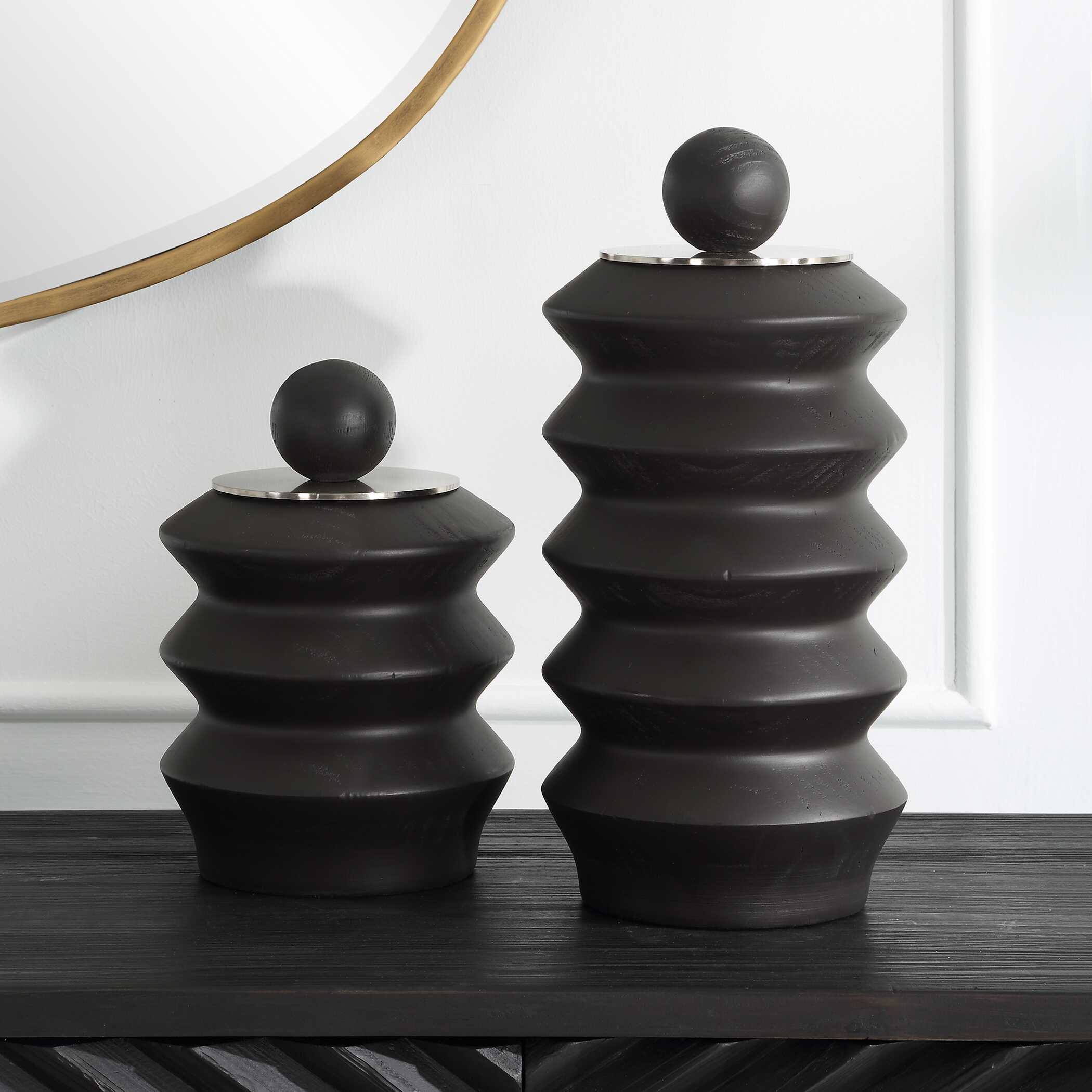 Accordion Black Wood Containers - Set of 2 - Image 2