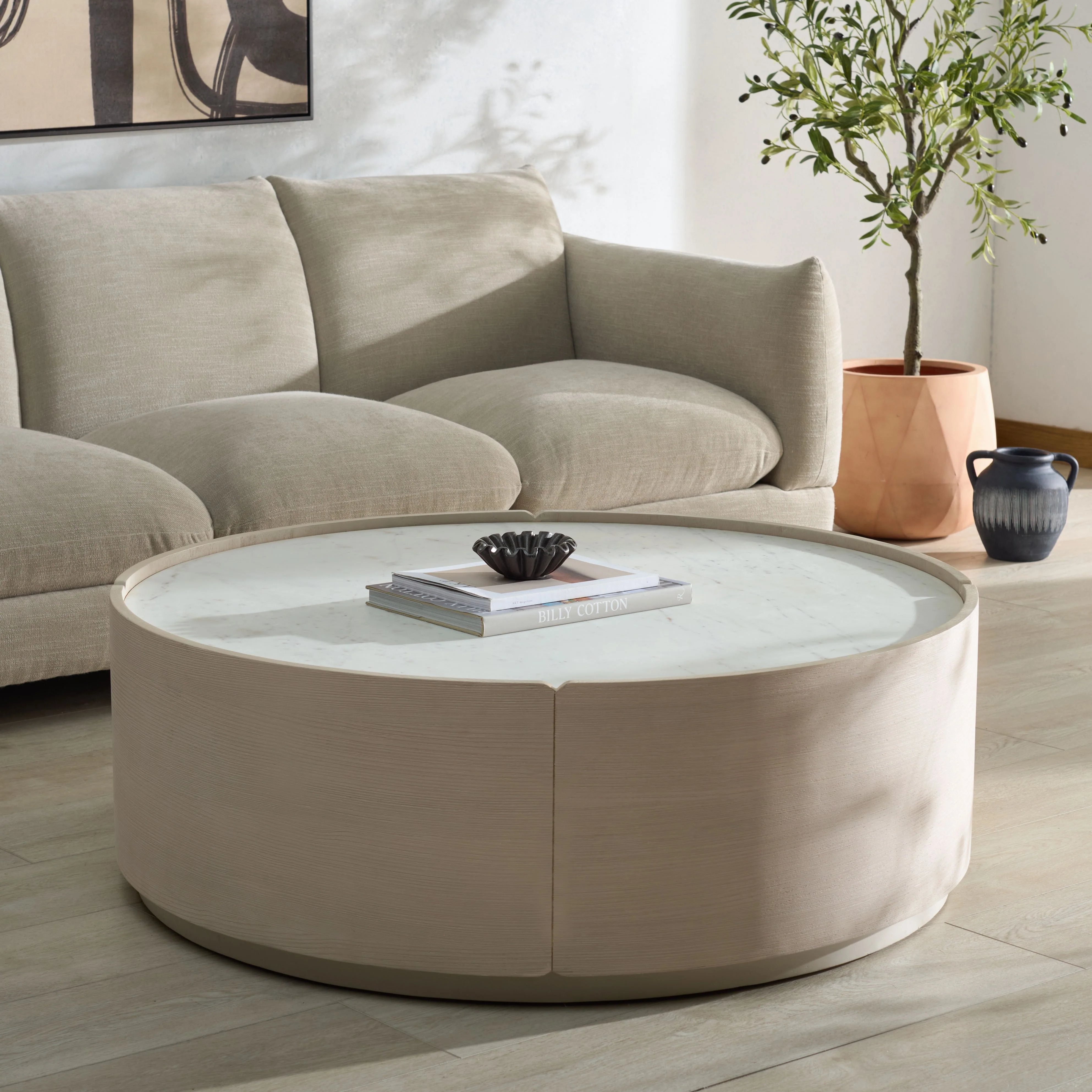 Alanabella Marble & Wood Round Coffee Table - Image 2