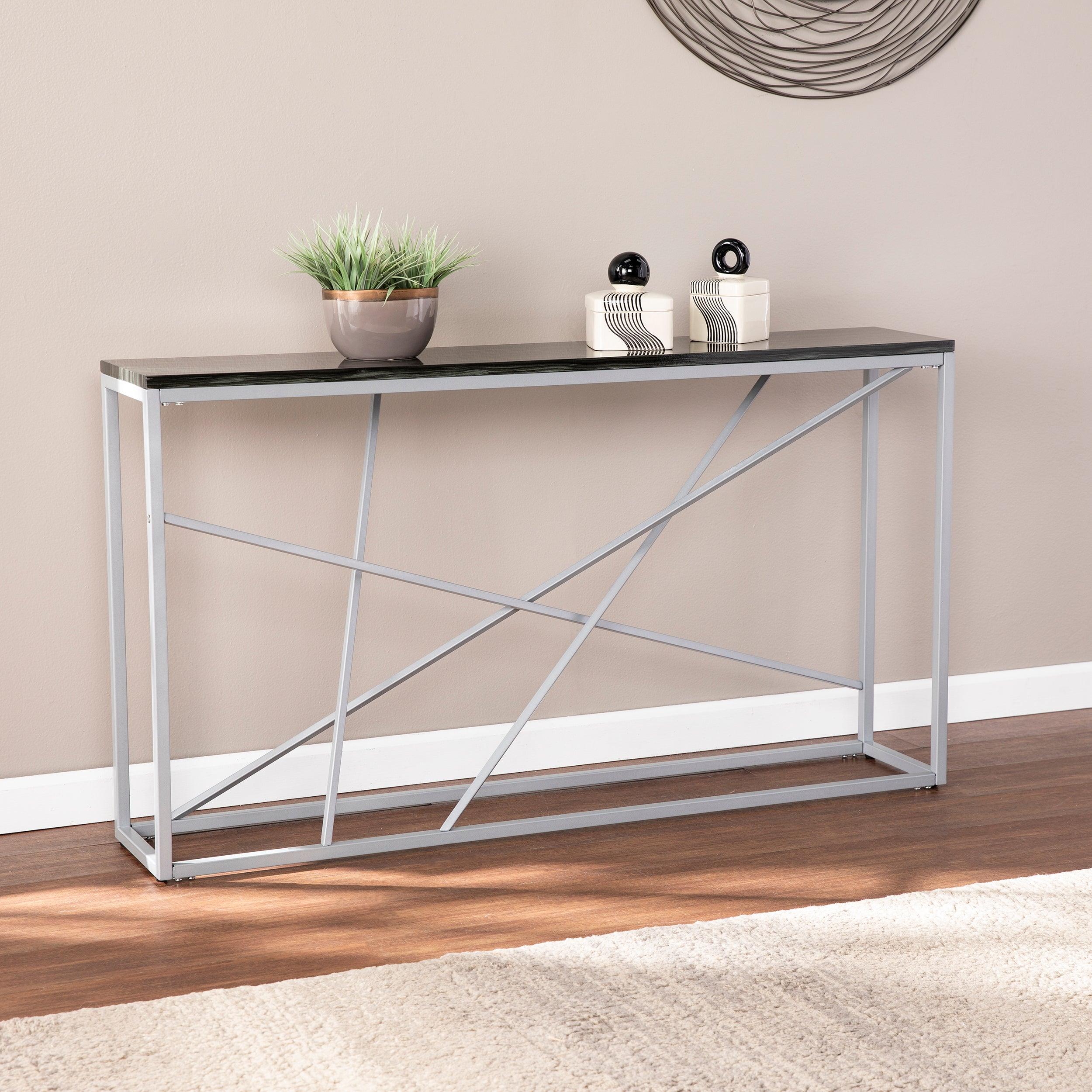 Arendal Faux Stone Skinny Console Table - Silver - Image 2
