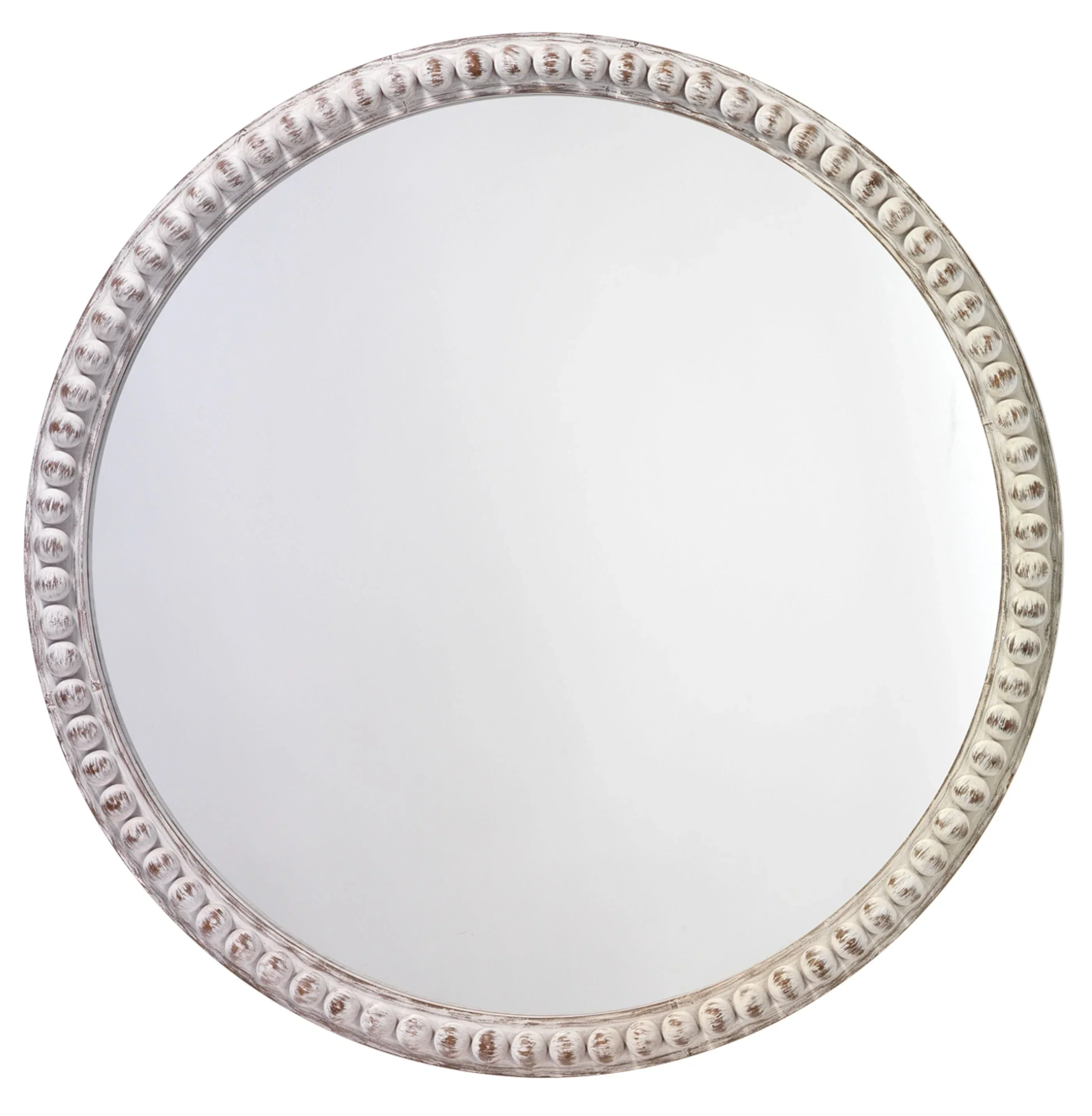 Audrey Beaded Wood Round Wall Mirror, White Washed
