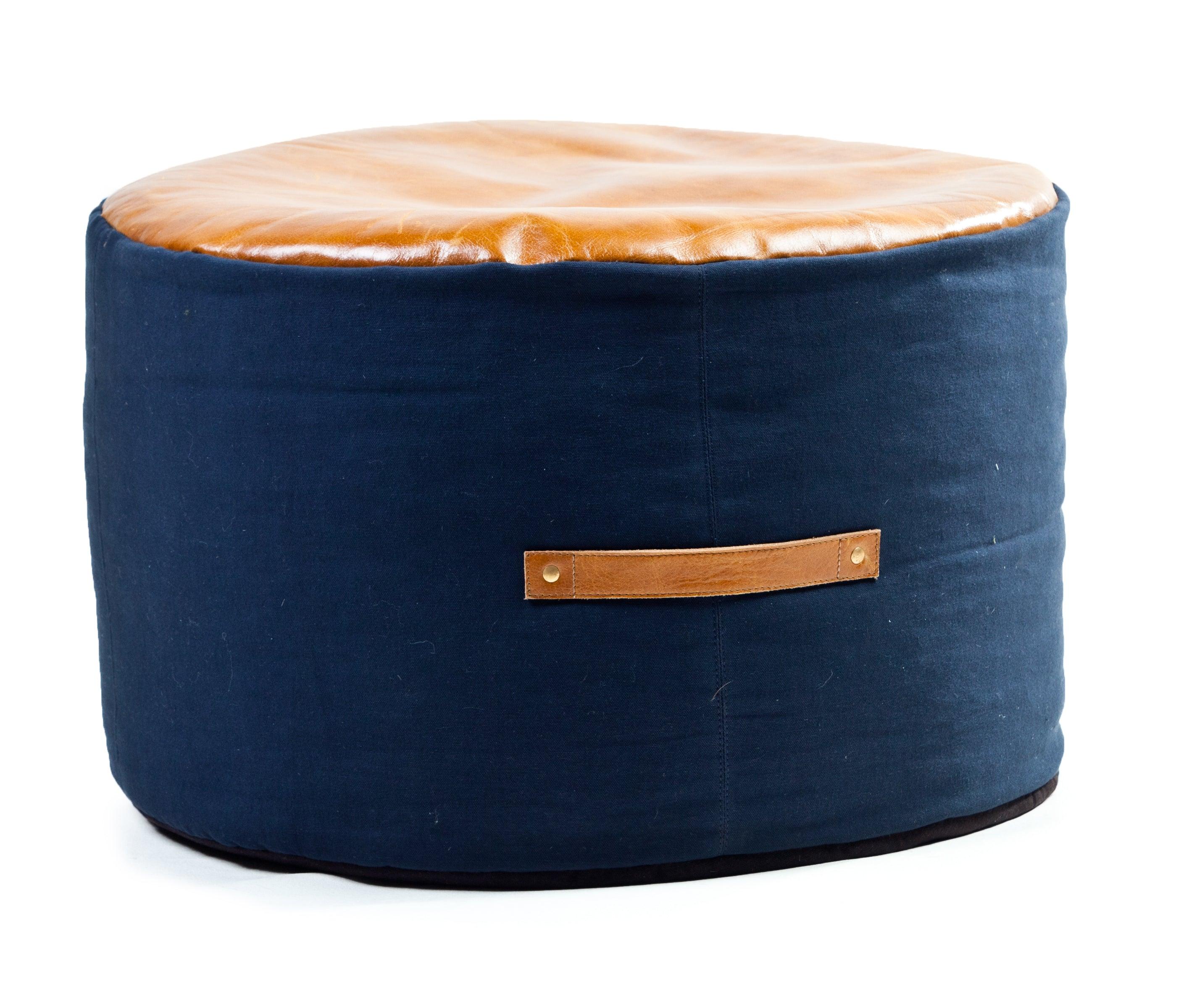 Cotton Navy Pouf with Leather Chestnut Top and Handle accents