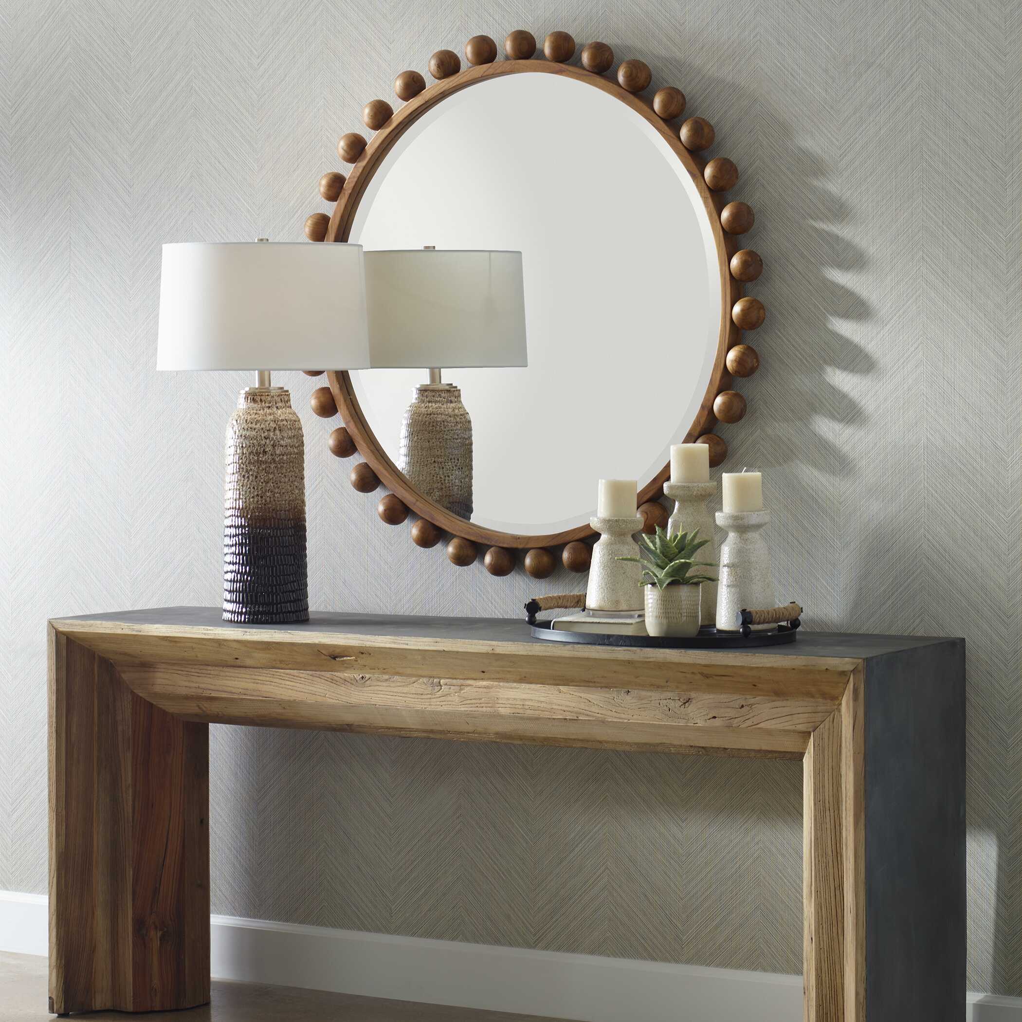 Cyra Wood Beaded Round Mirror - Image 3