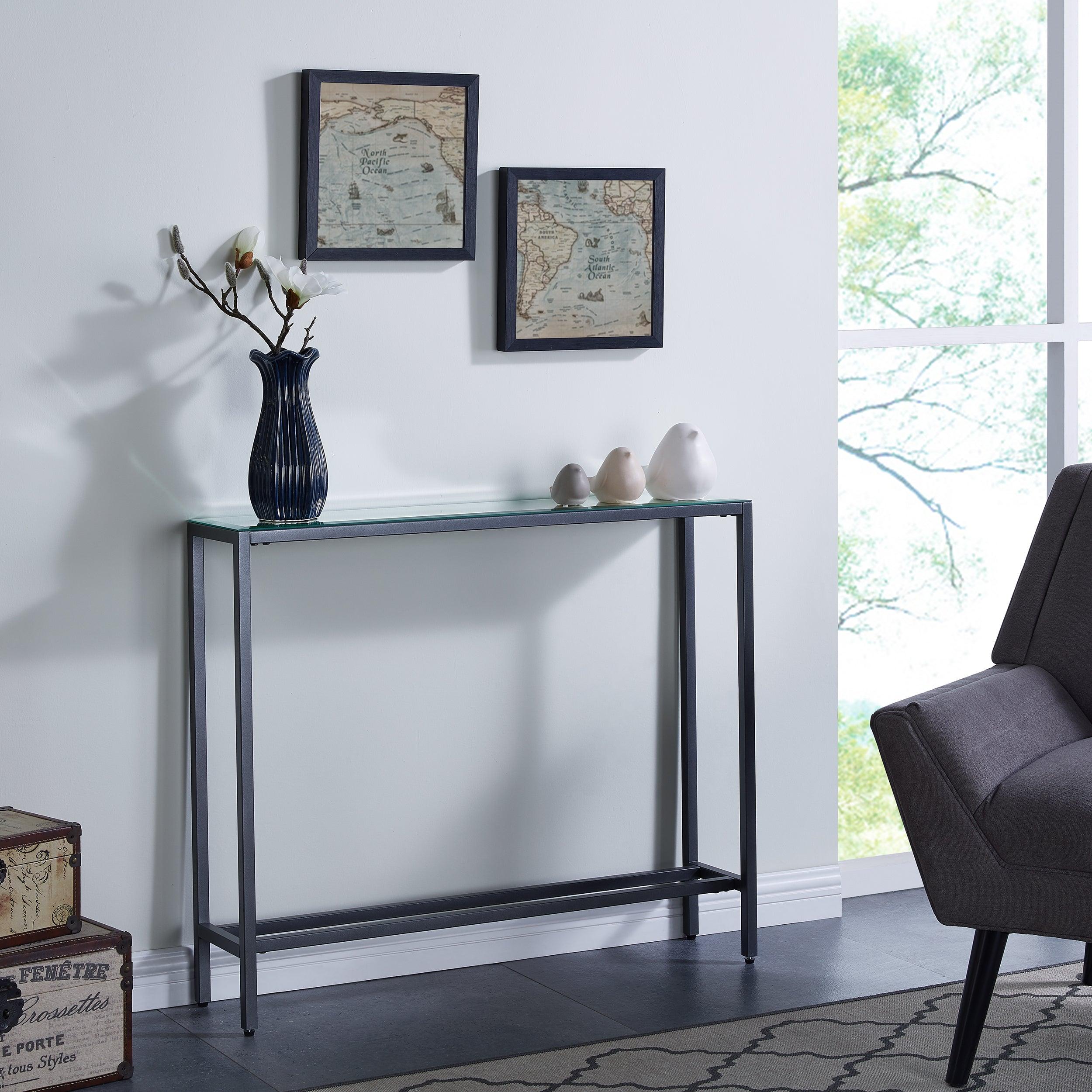 Darrin Narrow Mini Console Table w/ Mirrored Top – Gunmetal Gray - Image 2