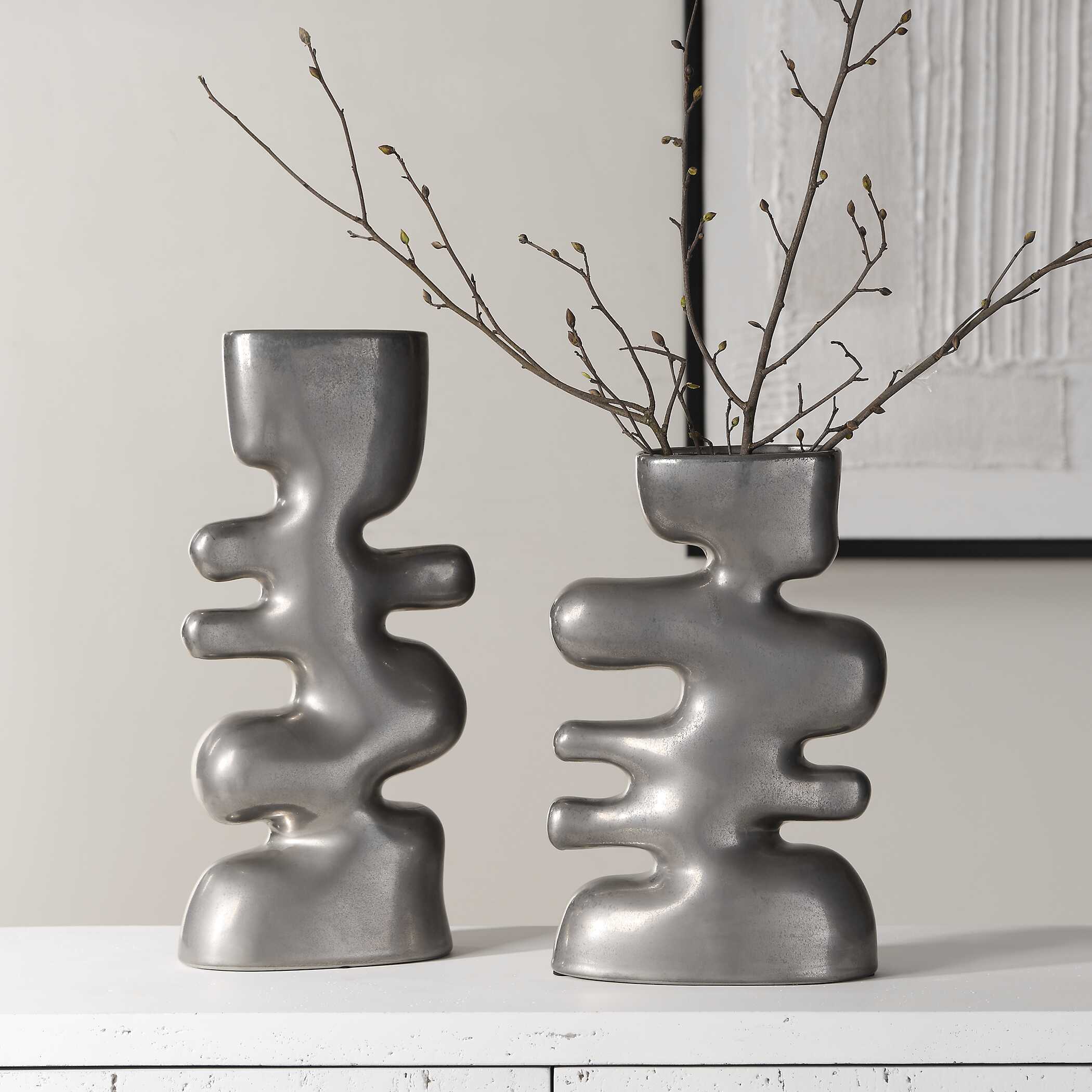 Free Flowing Nickel Vases - Set of 2 - Image 2