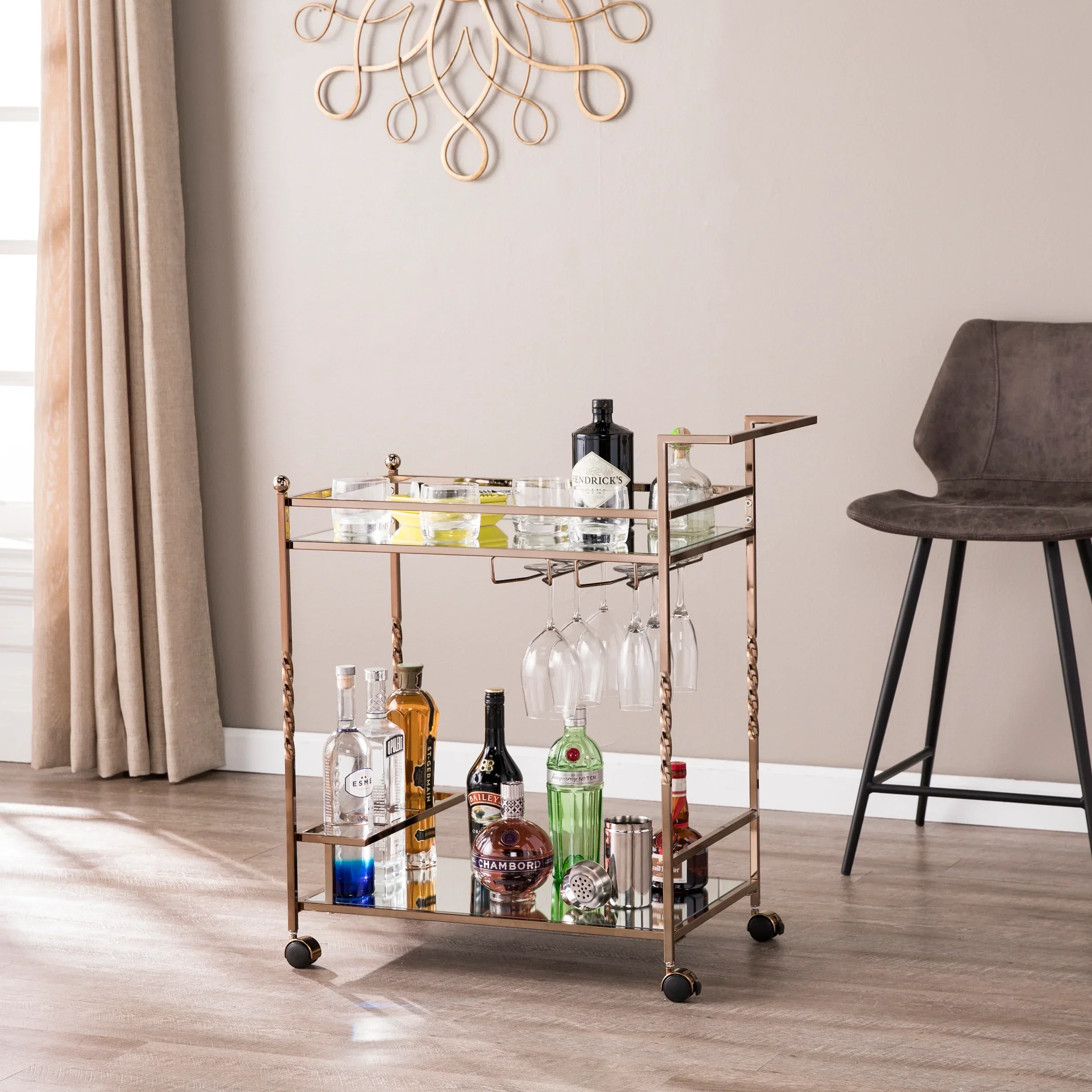 Ivers Metal Mirrored Bar Cart - Champagne - Image 2