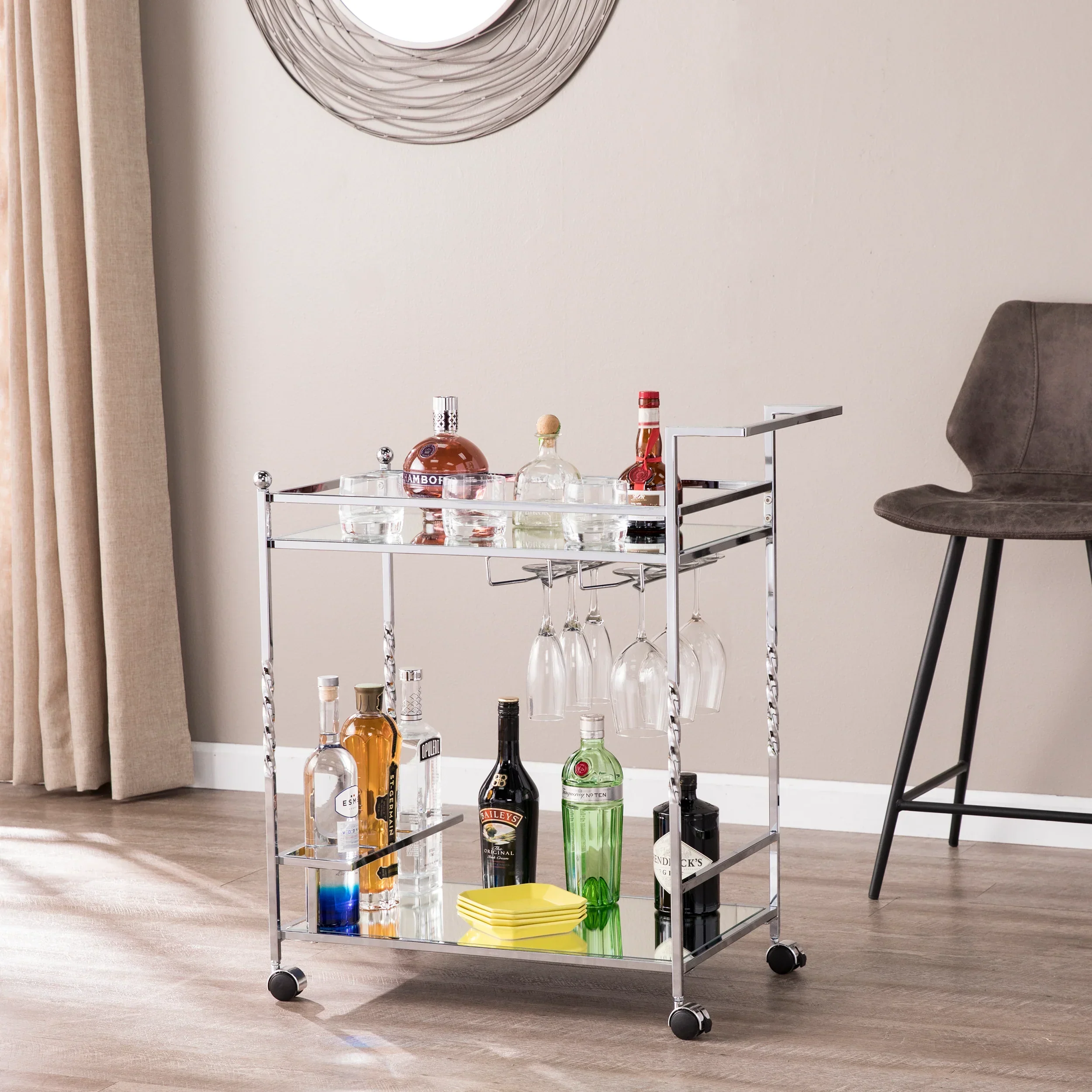 Ivers Metal Mirrored Bar Cart - Chrome - Image 2
