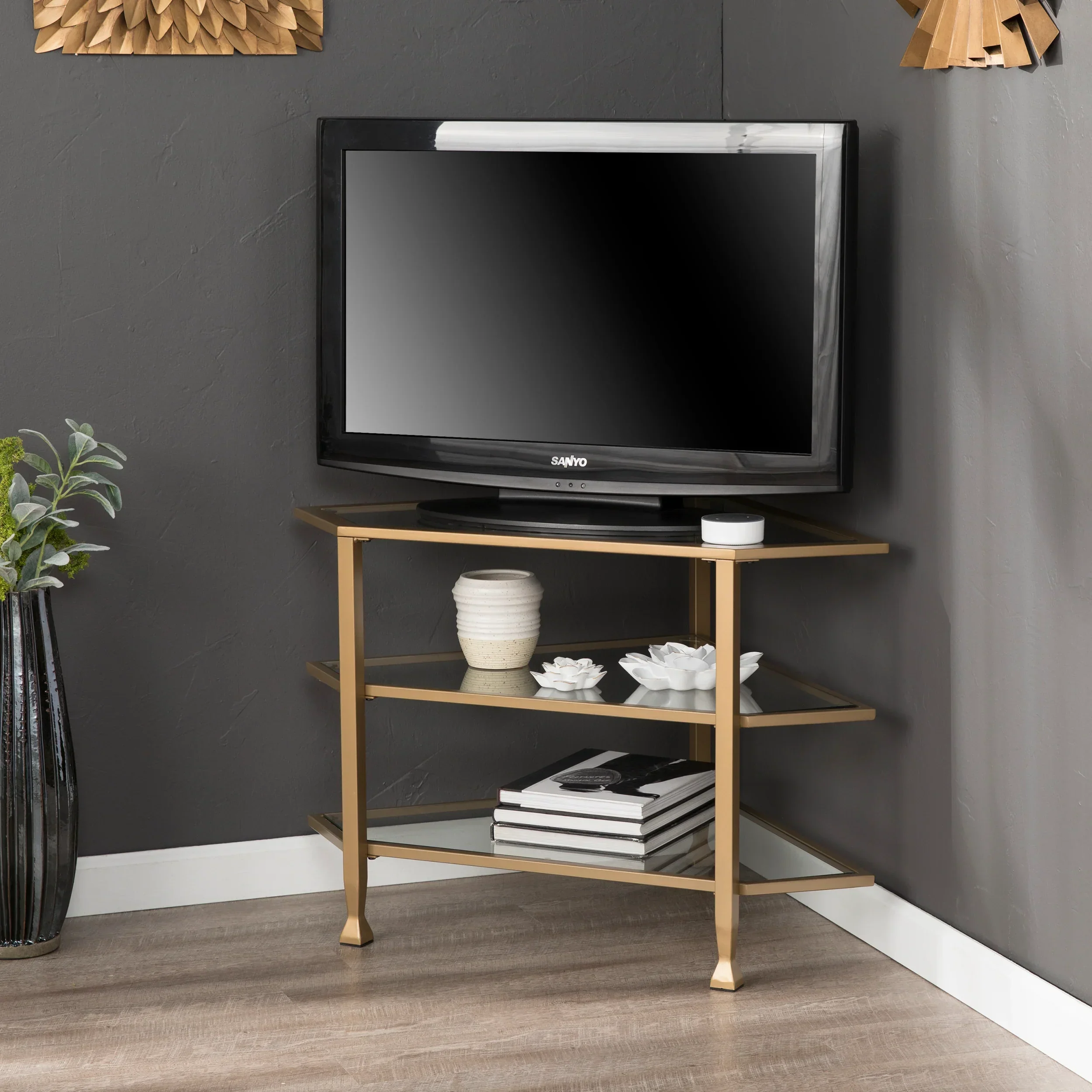 Jaymes Metal/Glass Corner TV Stand - Gold - Image 2
