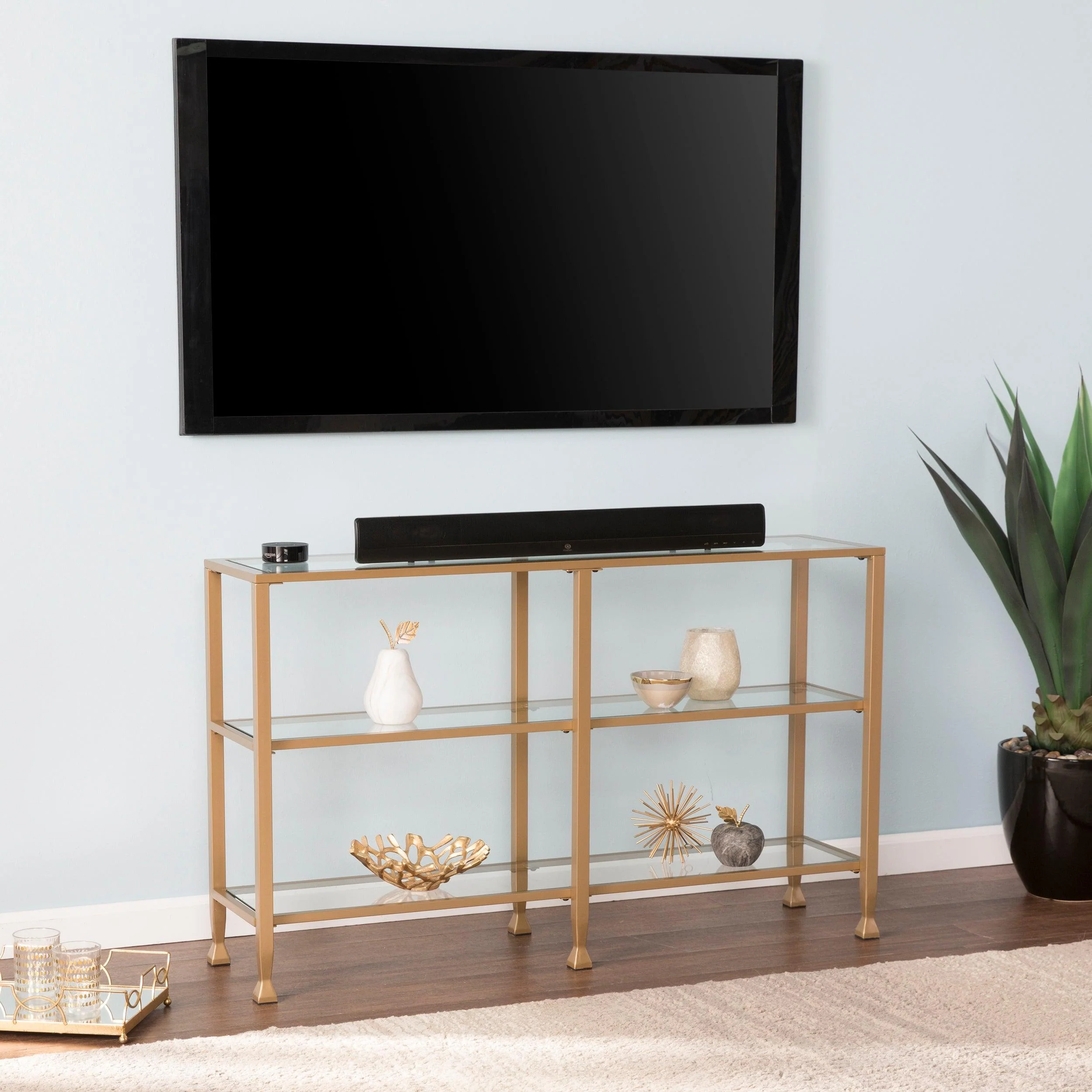 Jaymes Narrow Metal Console Table w/ Glass Shelves - Gold - Image 2