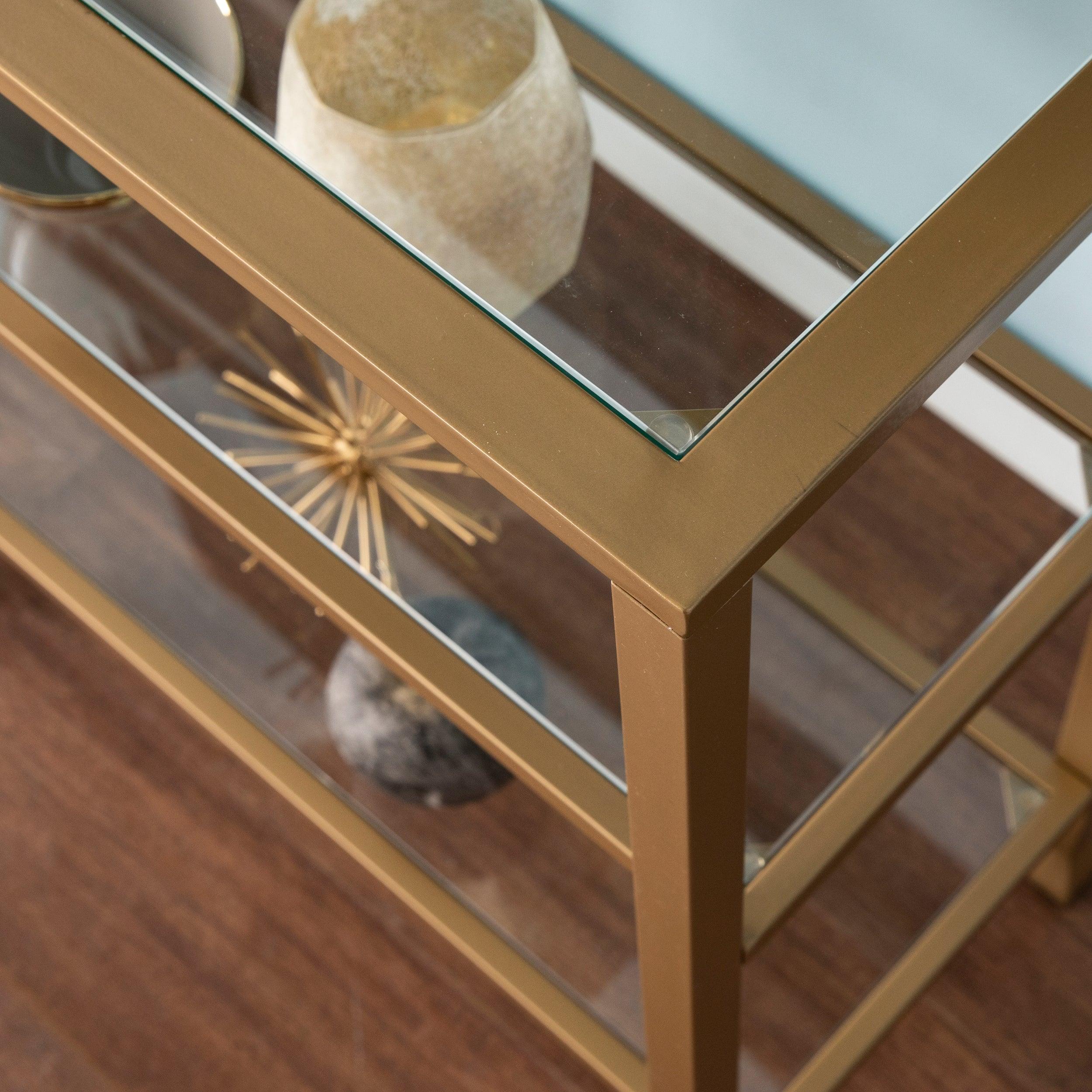 Jaymes Narrow Metal Console Table w/ Glass Shelves - Gold - Image 9