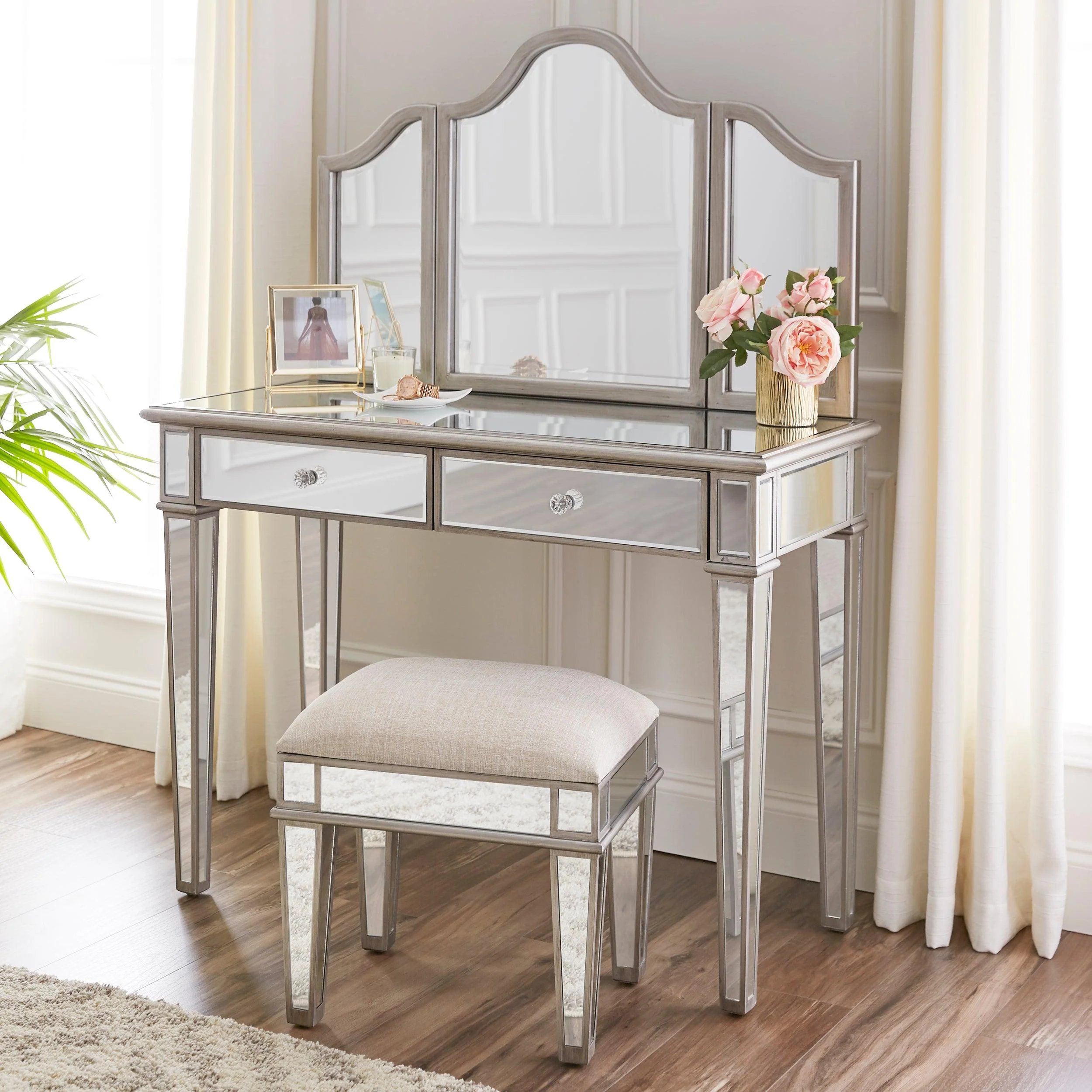 Kalla Mirrored Vanity Set w/ Storage – 2pc - Image 2