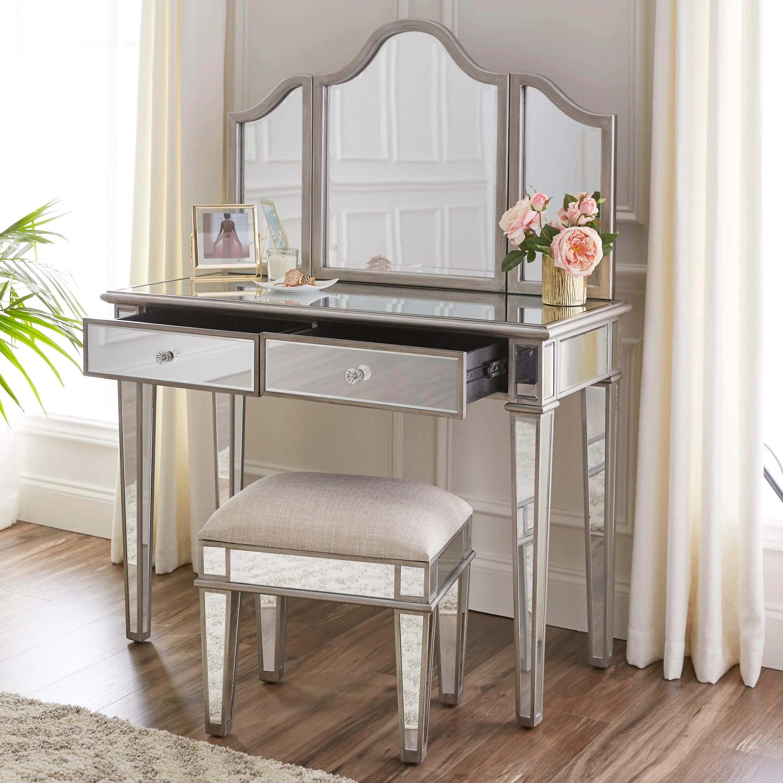 Kalla Mirrored Vanity Set w/ Storage – 2pc - Image 5