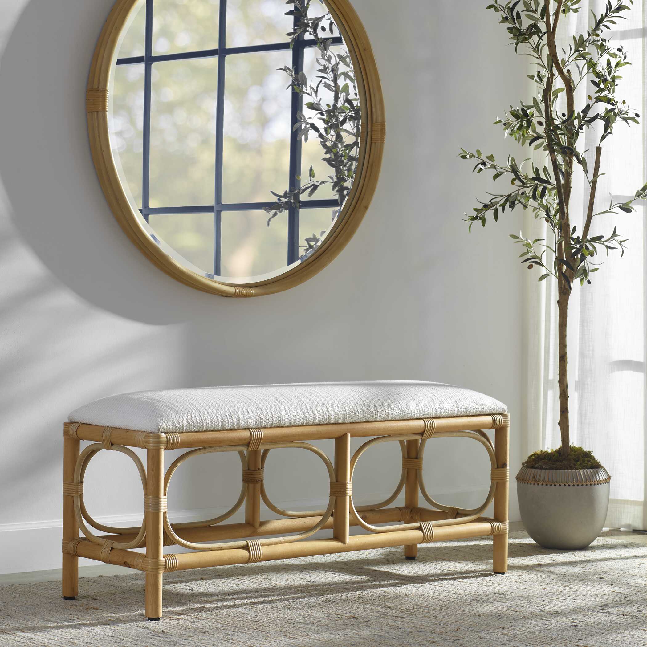 Laguna White Fabric Rattan Bench - Image 2