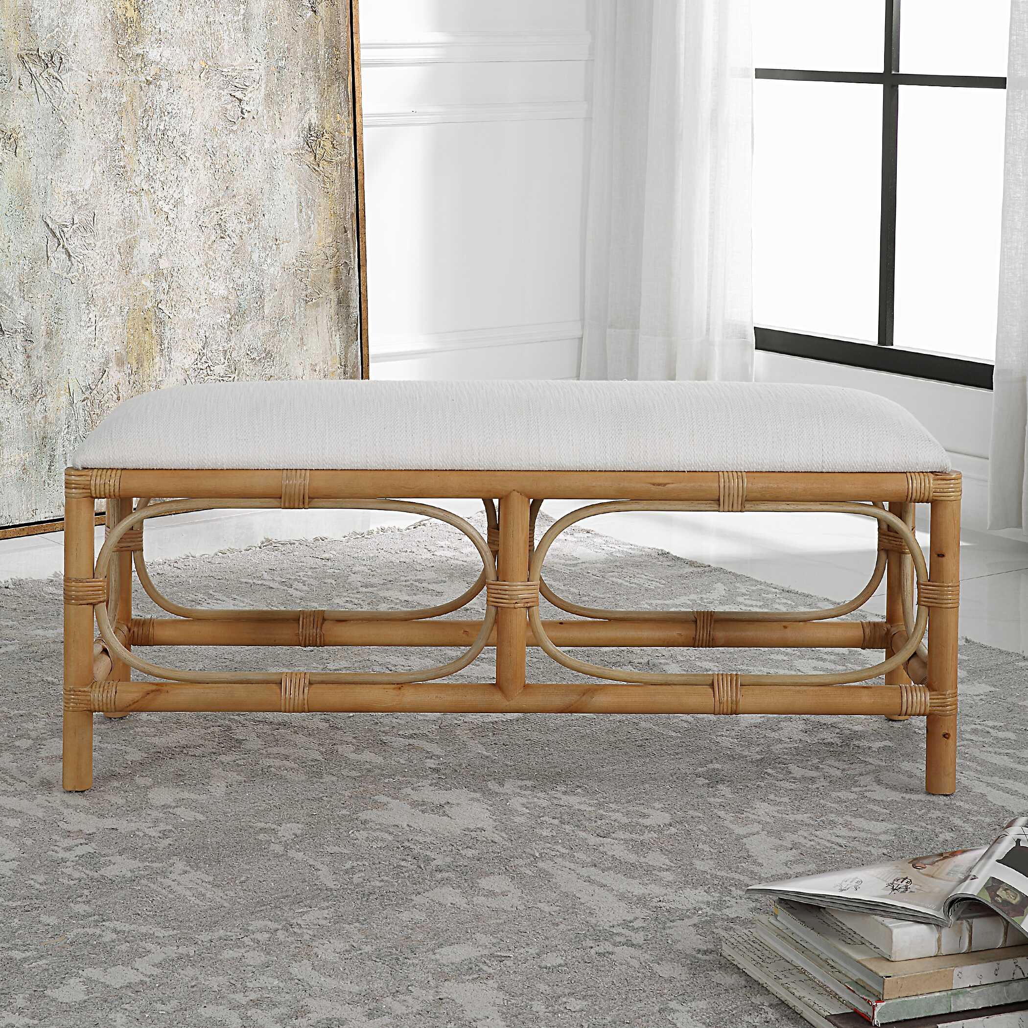 Laguna White Fabric Rattan Bench - Image 3
