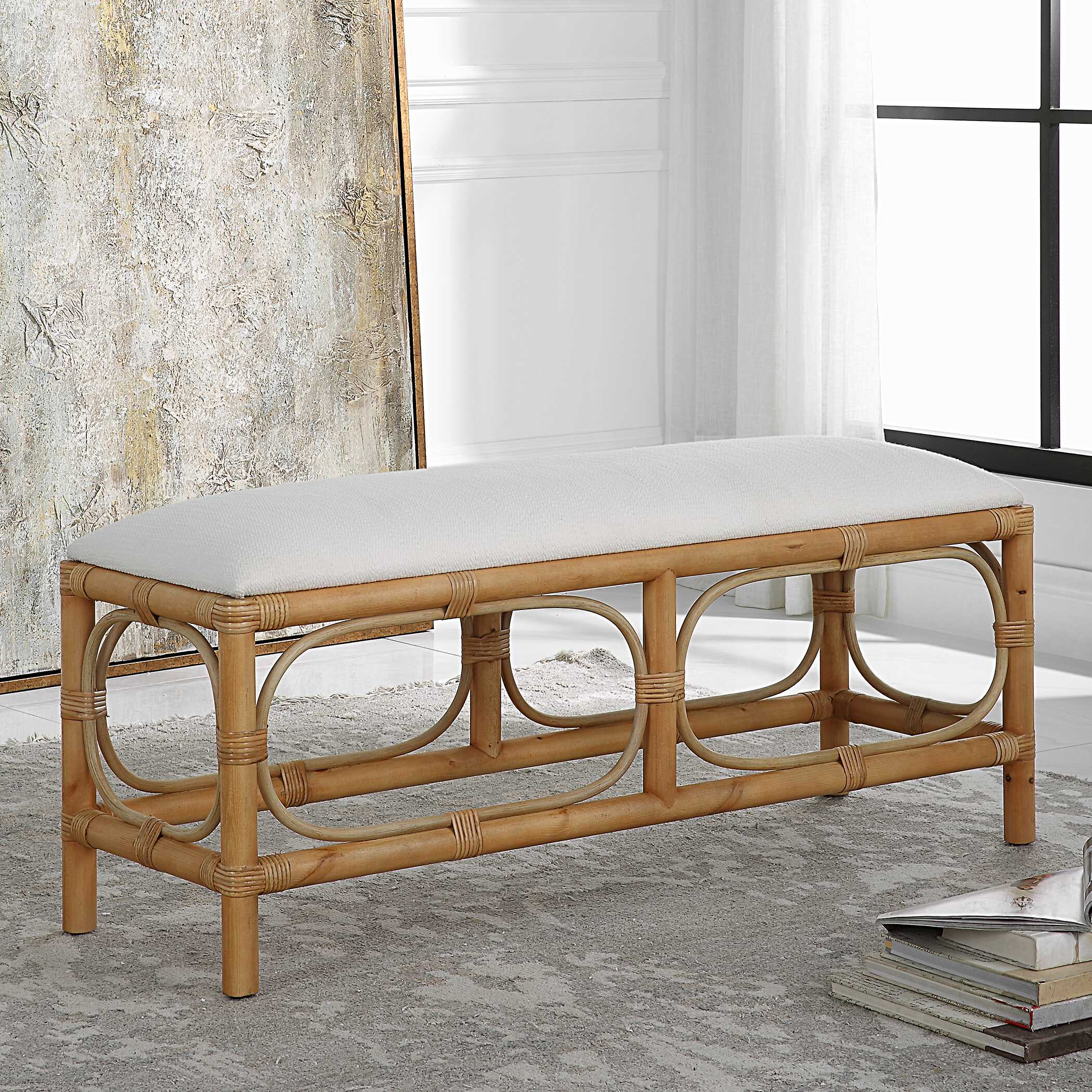 Laguna White Fabric Rattan Bench - Image 7