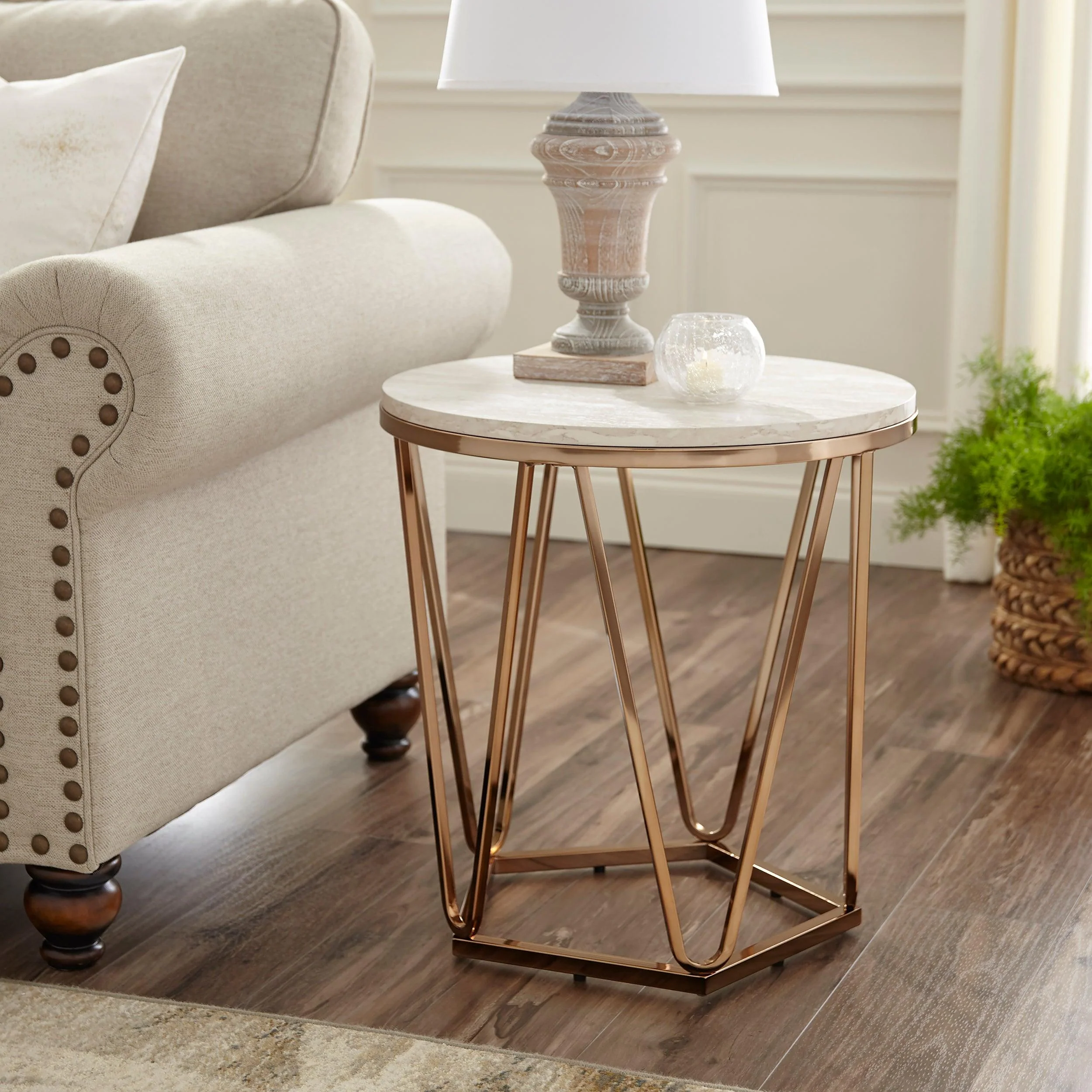 Luna Round Faux Stone End Table – Champagne - Image 2