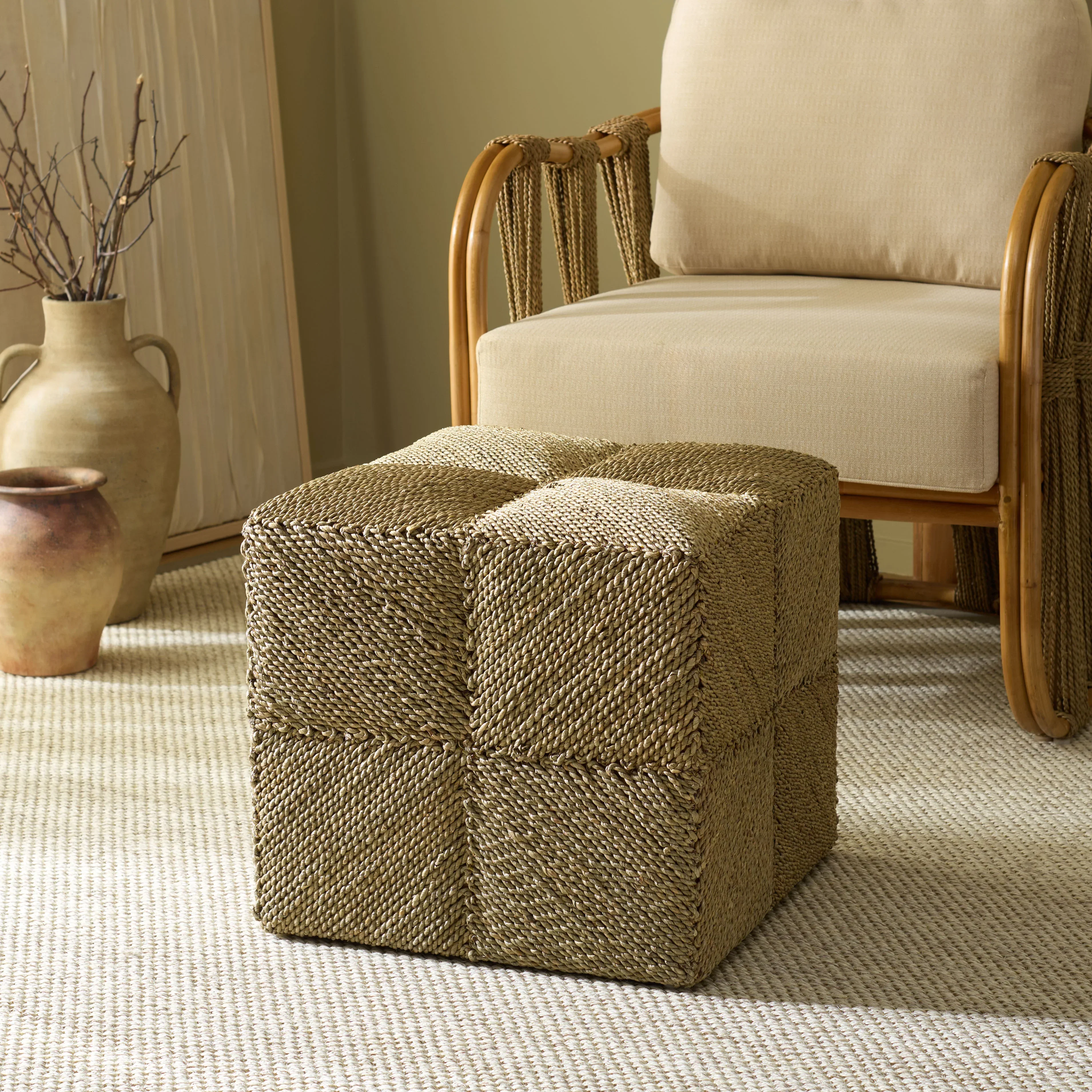 Malta Woven Seagrass Square Ottoman - Image 2