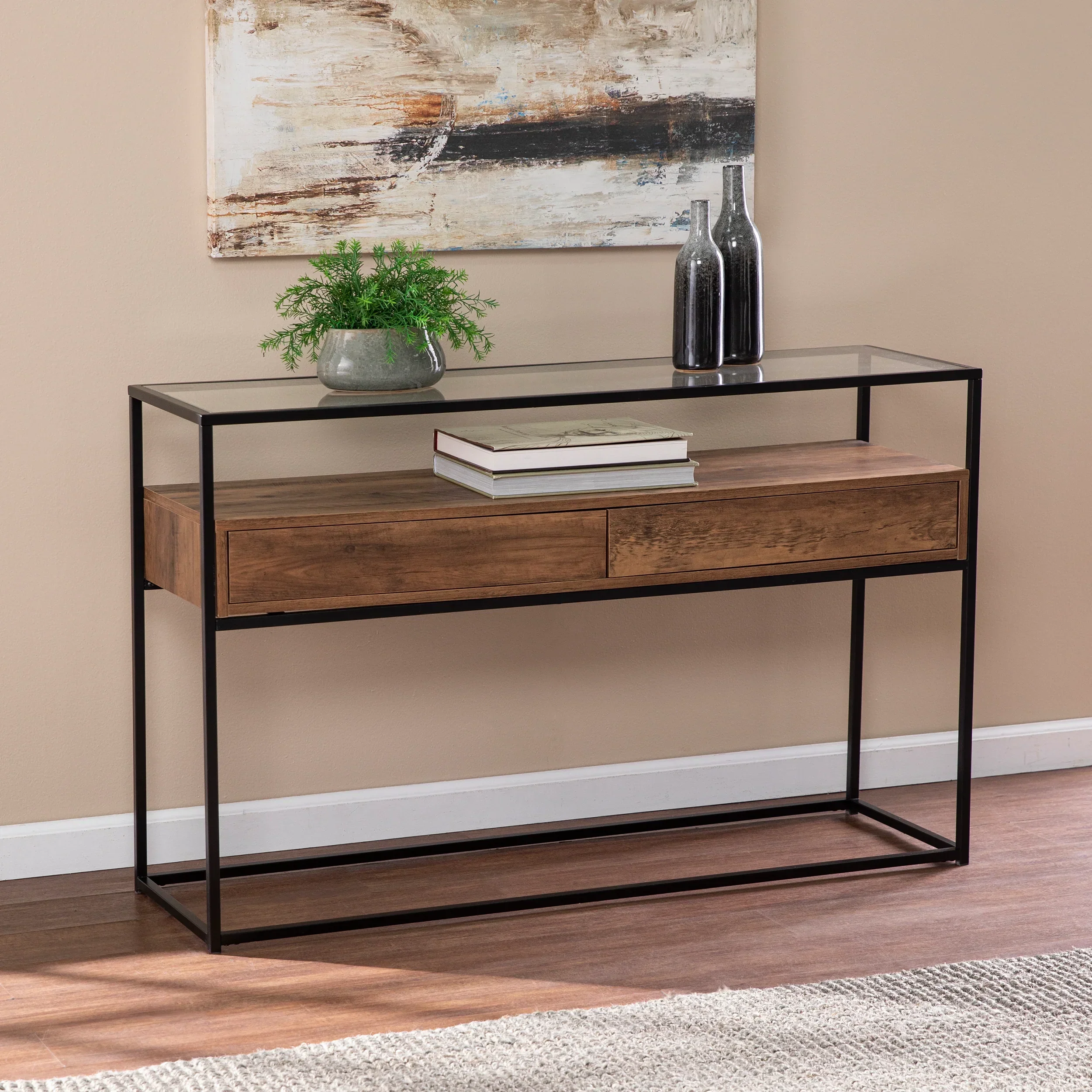 Olivern Glass-Top Console Table w/ Storage - Image 2