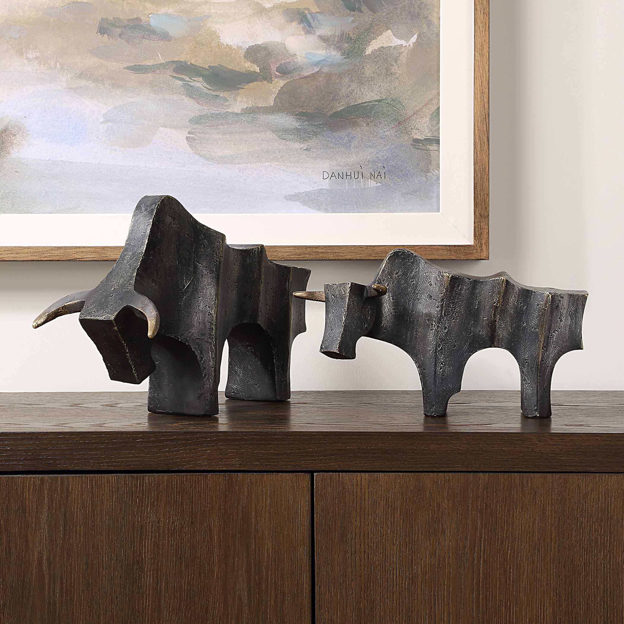Regal Bull Bronze Sculptures - Set of 2 - Image 2