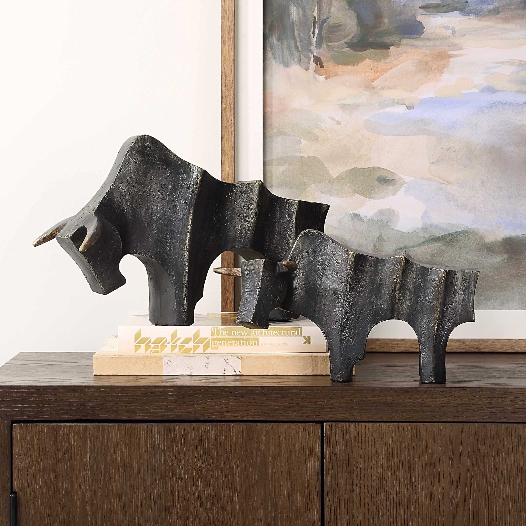 Regal Bull Bronze Sculptures - Set of 2 - Image 3