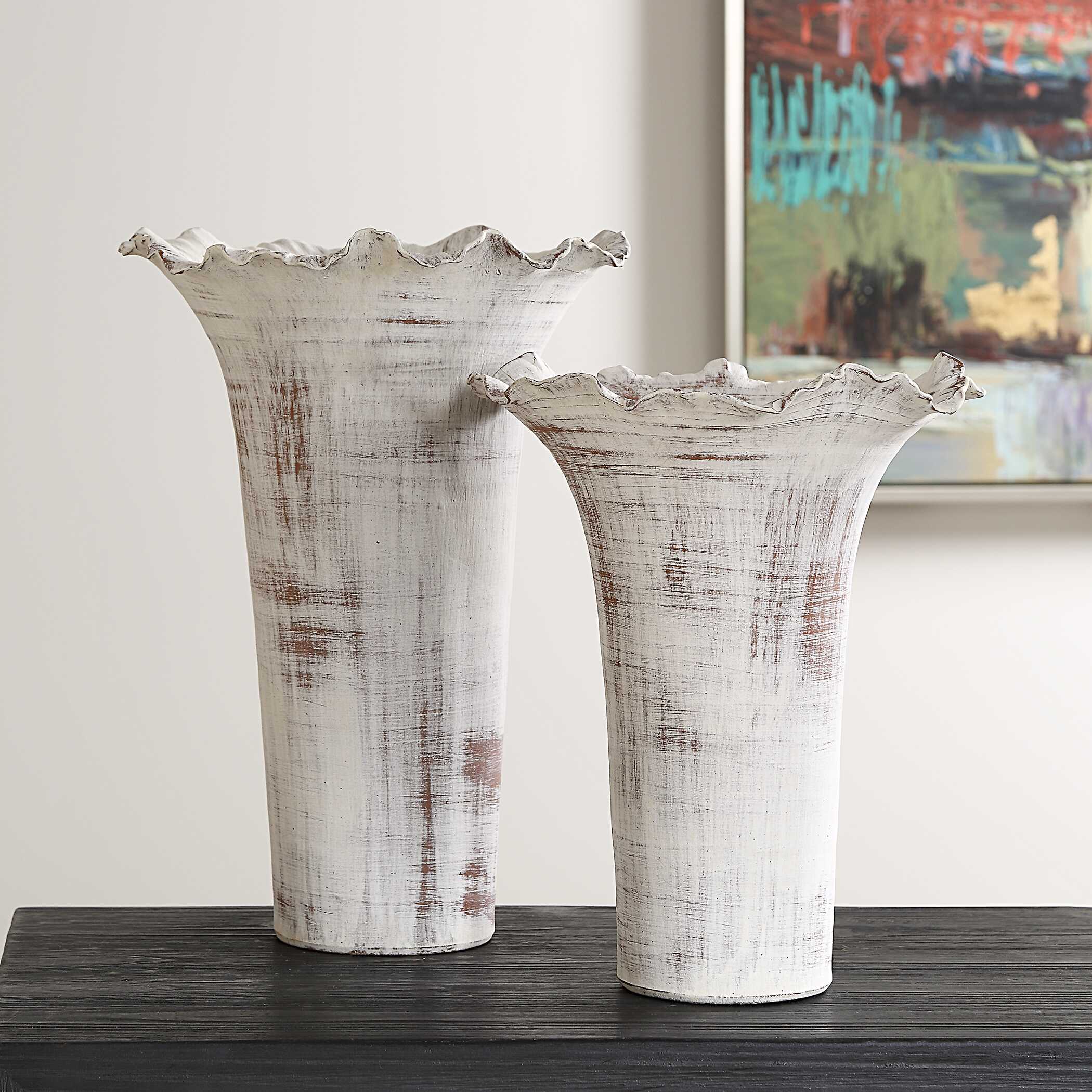 Ruffled Petal White Vases - Set of 2 - Image 2
