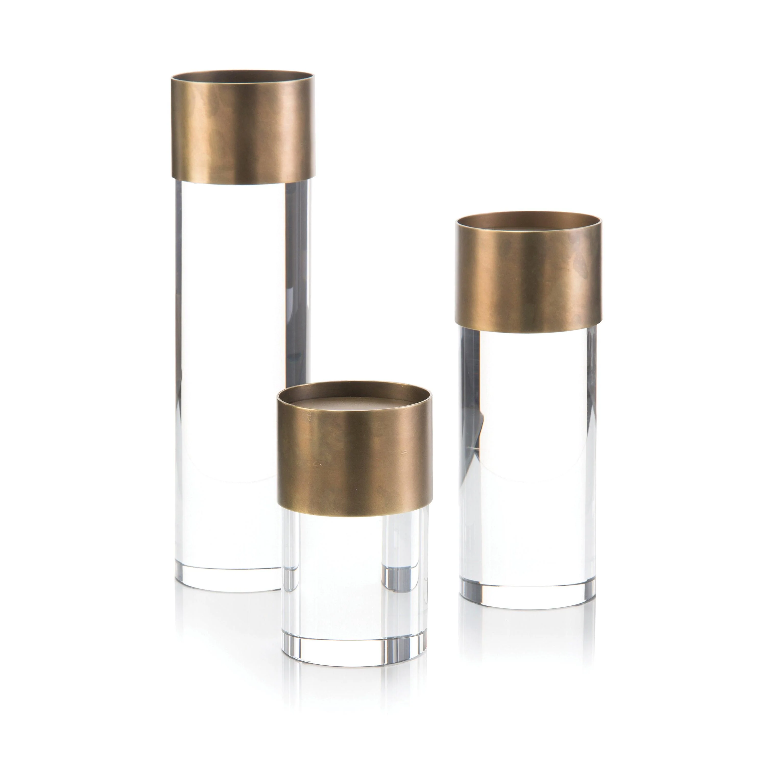 Set Of Three Crystal And Antique Brass Candleholders
