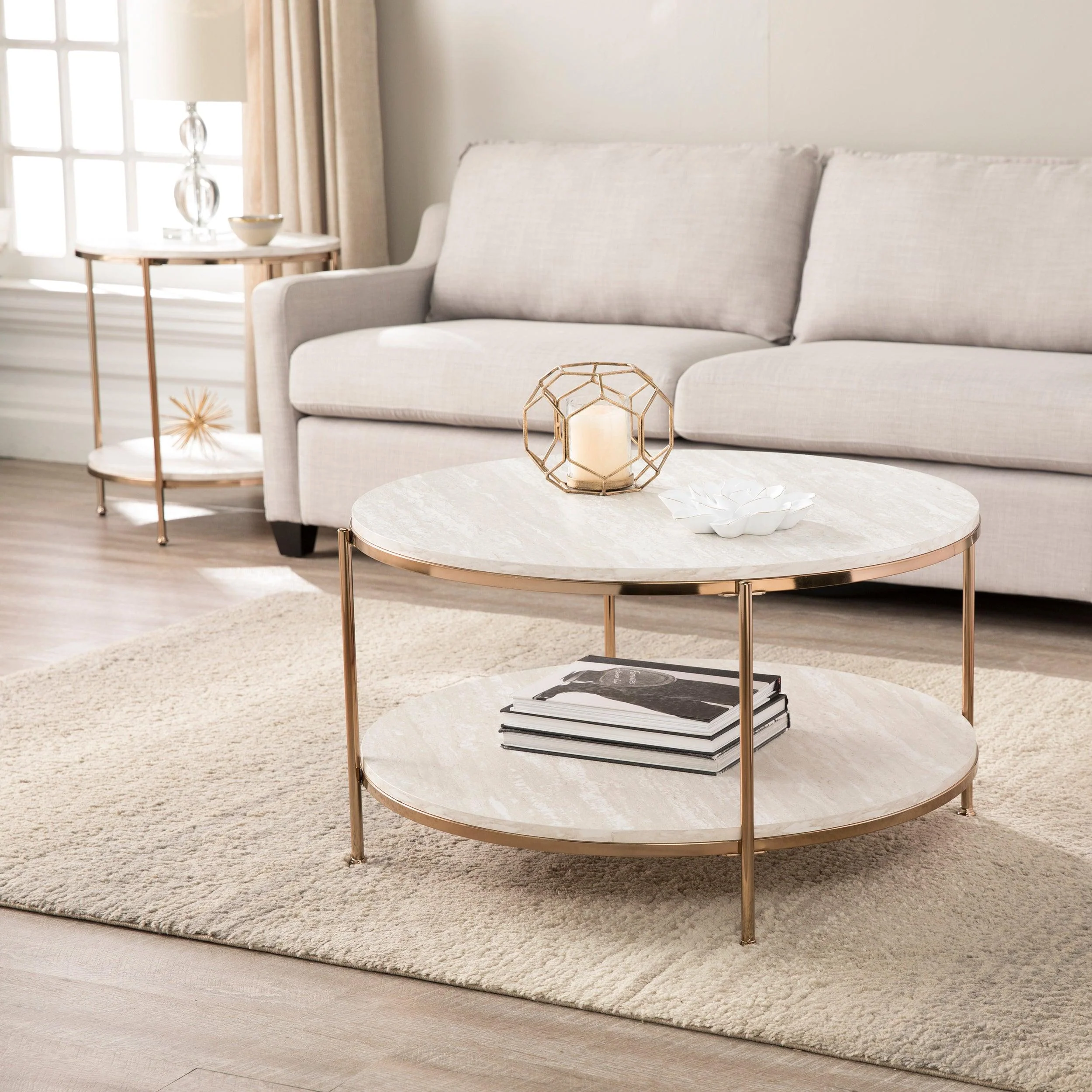 Silas Round Faux Stone End Table - Beige - Image 10