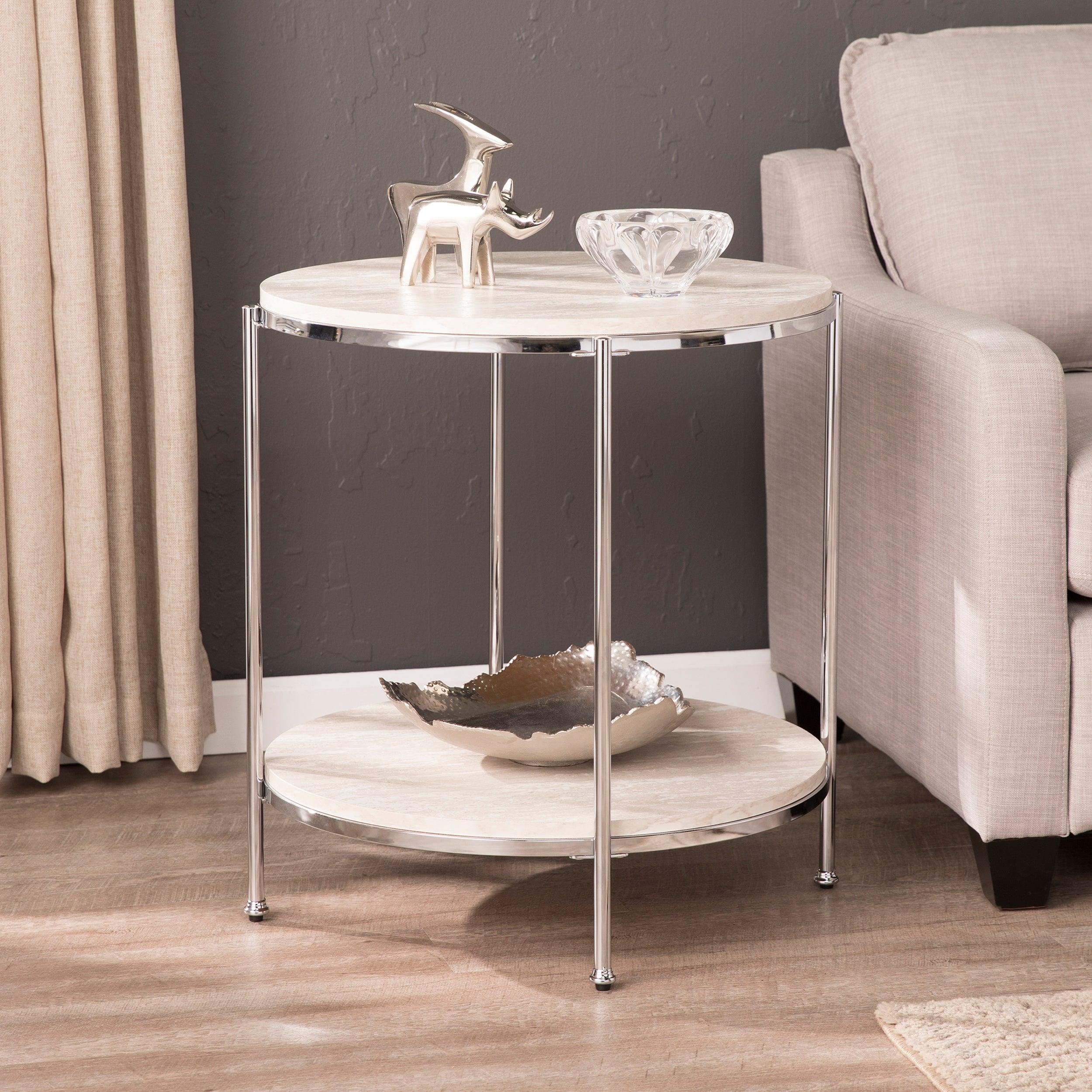 Silas Round Faux Stone End Table - Chrome - Image 2