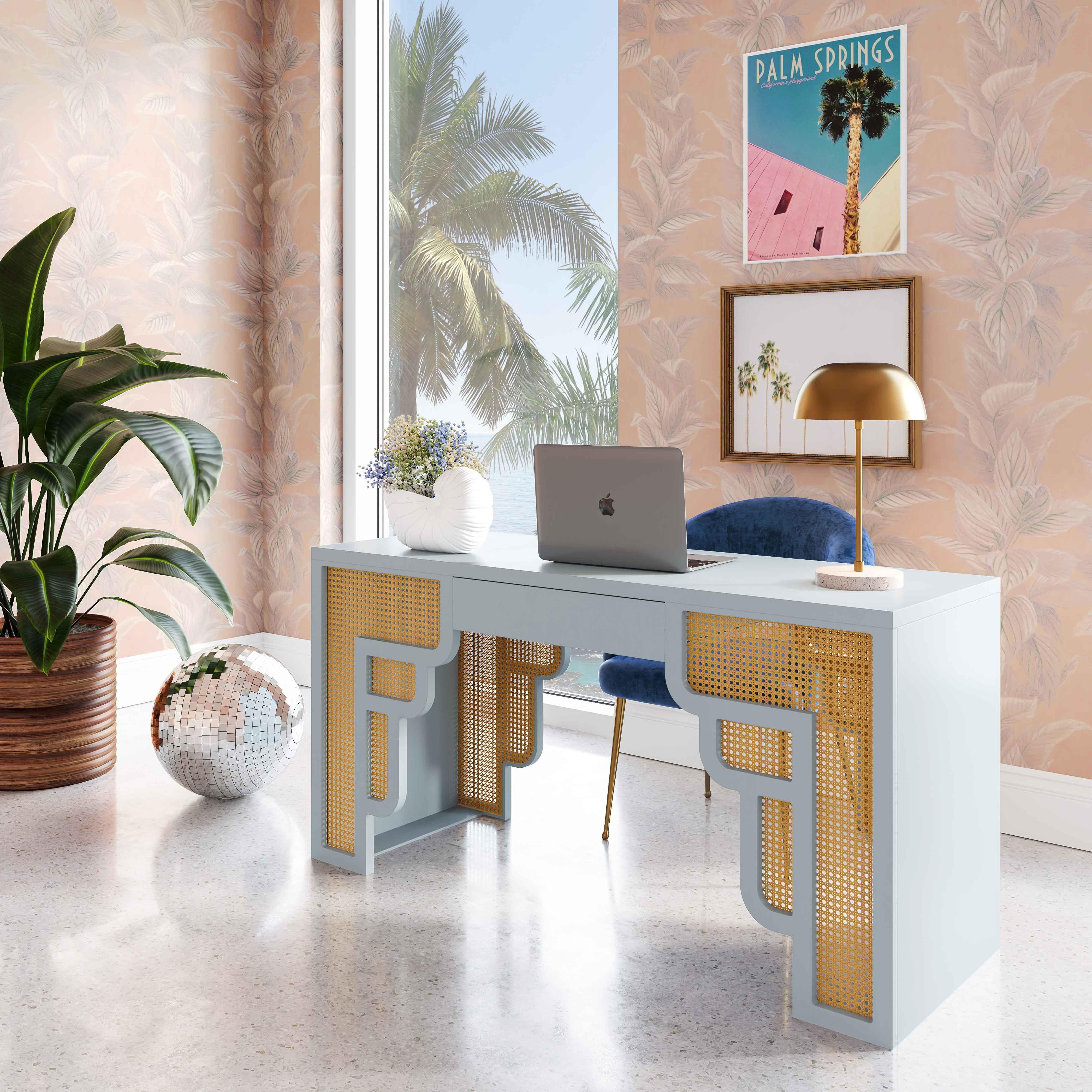 Suzie Pastel Blue & Rattan Executive Desk - Image 2